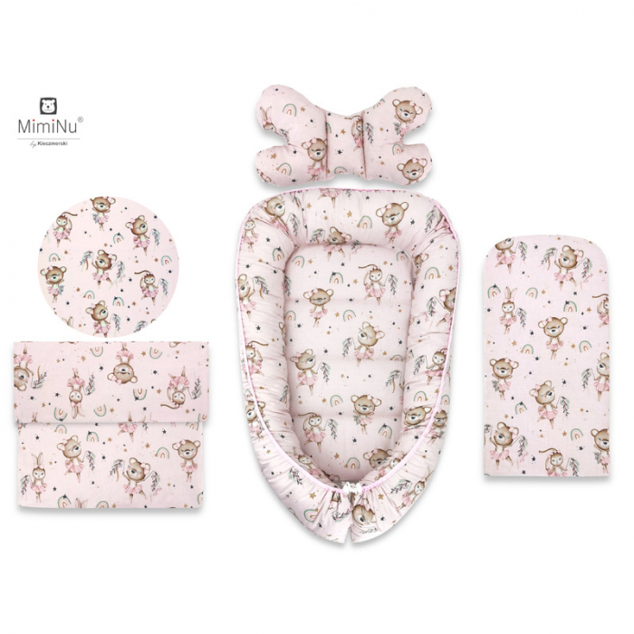 Set 4 in 1 Cosulet bebelus Baby Cocoon 75x55 cm, paturica 50x70 cm, salteluta 60x32 cm, perna 40x27 cm, Design, Little Ballerina Pink [1]
