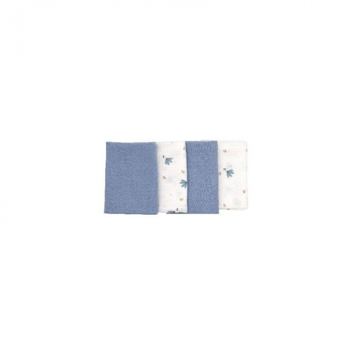 Set 4 lavete, Bubaba, Din muselina, Dimensiune 40x40 cm, Pentru spalarea si ingrijirea fetei si a corpului bebelusului dupa masa sau baita, Blue [1]