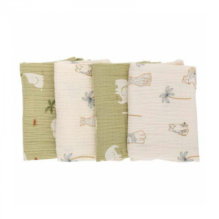 Set 4 lavete, Bubaba, Din muselina, Dimensiune 40x40 cm, Pentru spalarea si ingrijirea fetei si a corpului bebelusului dupa masa sau baita, Green/Beige [1]