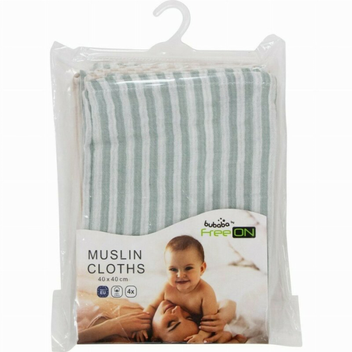 Set 4 lavete, Bubaba, Din muselina, Dimensiune 40x40 cm, Pentru spalarea si ingrijirea fetei si a corpului bebelusului dupa masa sau baita, Green Stripes [2]