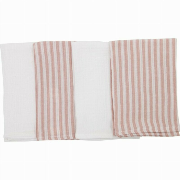 Set 4 lavete, Bubaba, Din muselina, Dimensiune 40x40 cm, Pentru spalarea si ingrijirea fetei si a corpului bebelusului dupa masa sau baita, Pink Stripes [1]