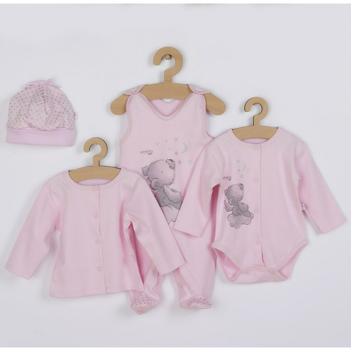 Set 4 piese, Salopeta fara maneci, jacheta, body cu maneca lunga, caciulita, Marime 56, Din bumbac 100%, New Baby, Angel Pink [1]