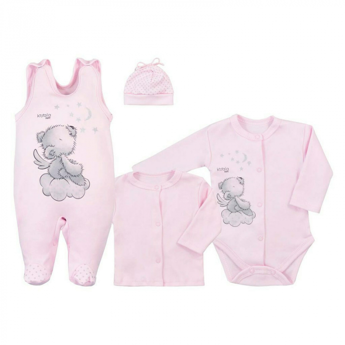 Set 4 piese, Salopeta fara maneci, jacheta, body cu maneca lunga, caciulita, Marime 56, Din bumbac 100%, New Baby, Angel Pink [2]