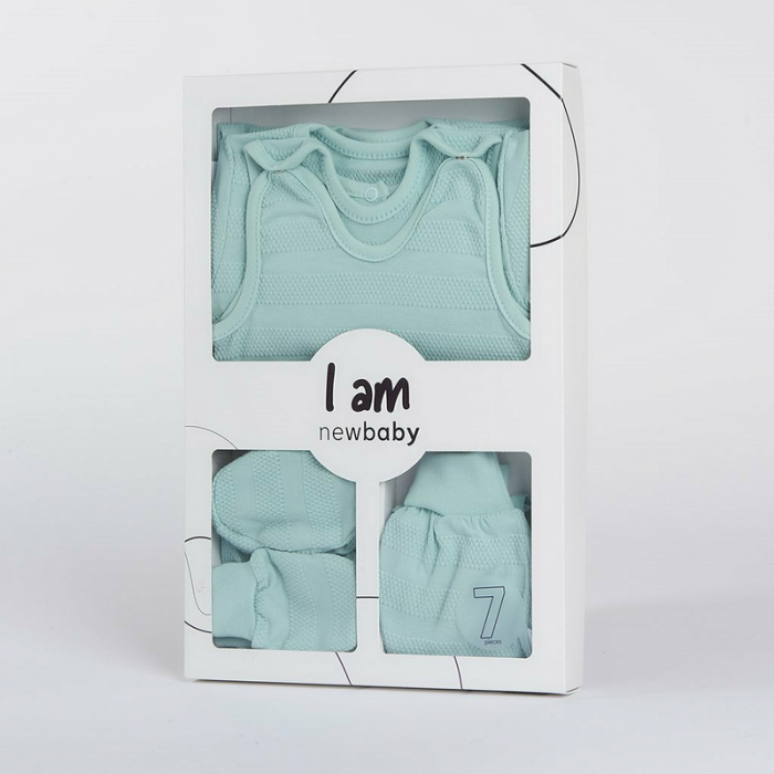 Set 7 piese: body cu maneca lunga, bluza, pantalonasi cu botosei, salopeta fara maneci, caciulita, manusi, botosei, Marime 56, Din bumbac 100%, New Baby, I am Blue [2]