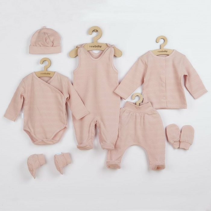 Set 7 piese: body cu maneca lunga, bluza, pantalonasi cu botosei, salopeta fara maneci, caciulita, manusi, botosei, Marime 56, Din bumbac 100%, New Baby, I am Pink [1]