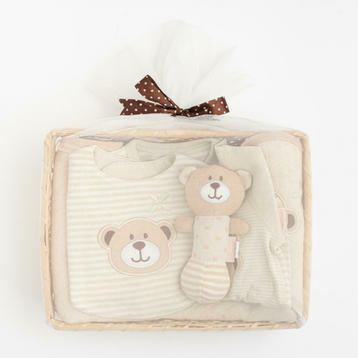 Set cadou 5 piese din bumbac organic, salopeta, baveta, paturica cu gluga, jucarie, Marime 0 - 3 luni, New Baby, Beige [2]