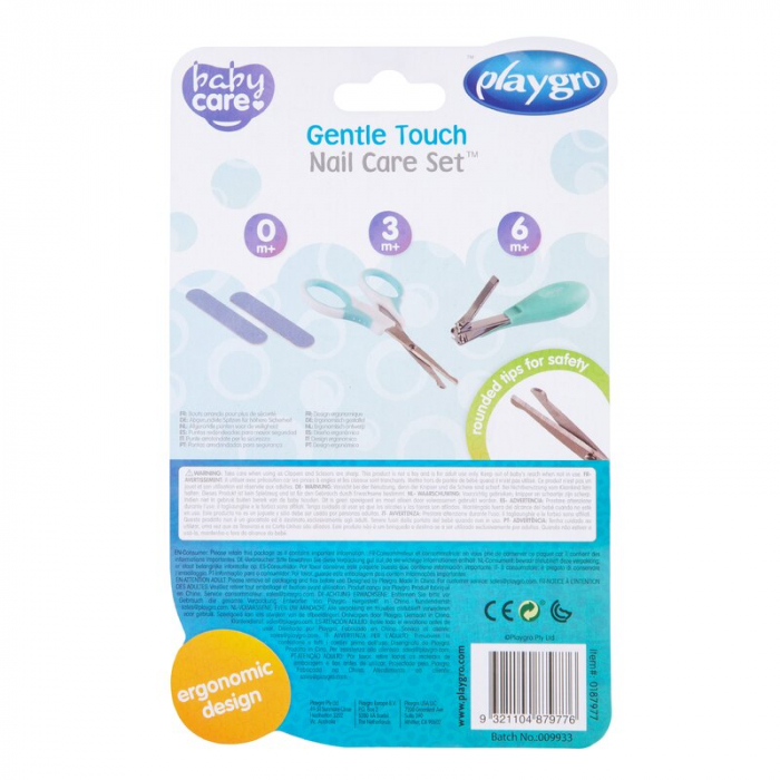 Set de ingrijire, Playgro, Include unghiera, fofecuta si doua pile, Cu manere moi si confortabile, Capete rotunjite la forfecuta, 0 luni+, Gentle Touch Nail Care Set [6]