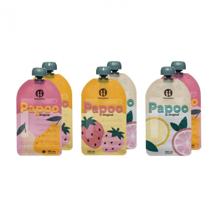 Set de pungi, Petite&Mars, Papoo, Pentru mancare, Reutilizabile, Perfect pentru calatorii, Fara BPA, 150 ml, Multicolor [1]