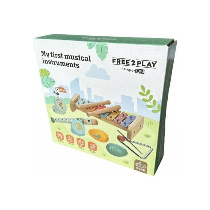 Set instrumente muzicale, Free2Play, 5 in 1, Contine xilofon, Fluier, Din lemn, Conform cu standardul european de securitate EN71/123, 3 ani+, Multicolor [6]