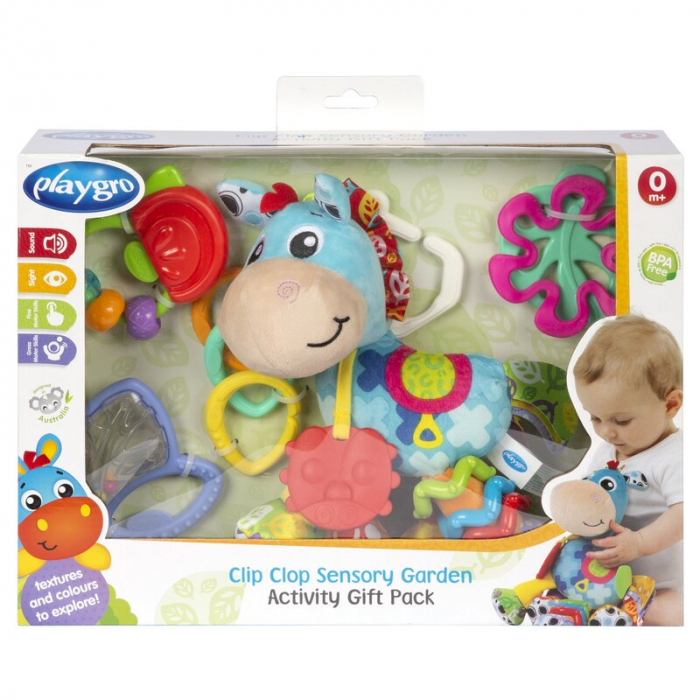 Set jucarii carucior si dentitie, Playgro, Clip Clop, Cu 3 jucarii, Cu 3 inele pentru dentitie, Cu diverse forme si texturi, Cu sunete si zornaieli, Dezvolta abilitatile motorii si imaginatia, 0 luni+ [7]