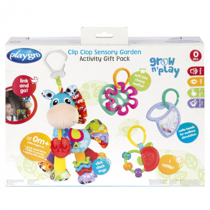 Set jucarii carucior si dentitie, Playgro, Clip Clop, Cu 3 jucarii, Cu 3 inele pentru dentitie, Cu diverse forme si texturi, Cu sunete si zornaieli, Dezvolta abilitatile motorii si imaginatia, 0 luni+ [8]