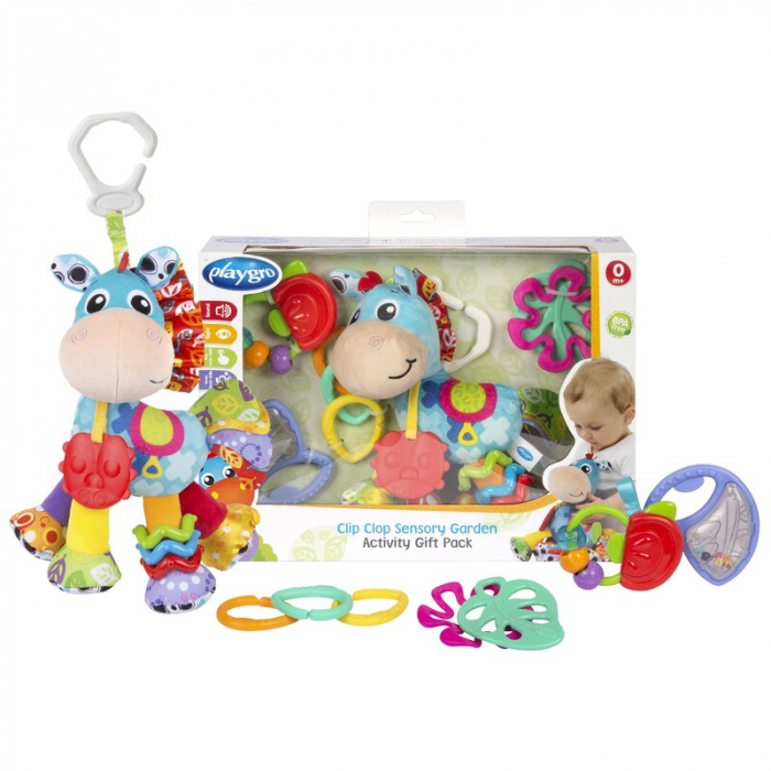 Set jucarii carucior si dentitie, Playgro, Clip Clop, Cu 3 jucarii, Cu 3 inele pentru dentitie, Cu diverse forme si texturi, Cu sunete si zornaieli, Dezvolta abilitatile motorii si imaginatia, 0 luni+ [1]