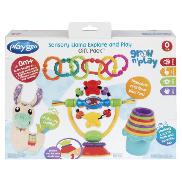 Set jucarii interactive, Playgro, Include 6 cupe pentru stivuire, 6 inele, o jucarie din plus si o jucarie cu ventuza, 6 luni+, Sensory Llama Explore and Play Gift Pack [11]
