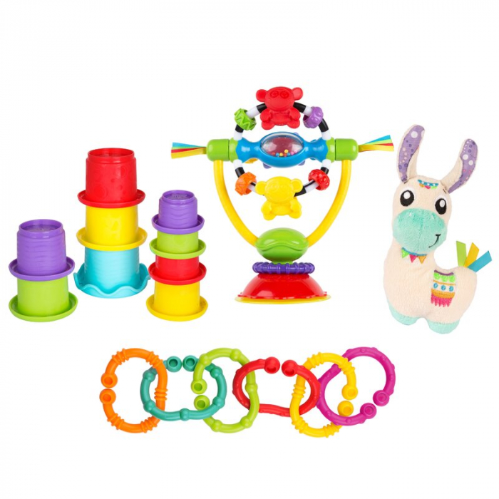 Set jucarii interactive, Playgro, Include 6 cupe pentru stivuire, 6 inele, o jucarie din plus si o jucarie cu ventuza, 6 luni+, Sensory Llama Explore and Play Gift Pack [2]