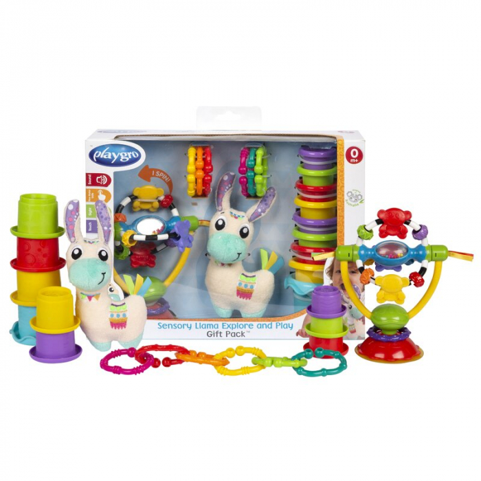 Set jucarii interactive, Playgro, Include 6 cupe pentru stivuire, 6 inele, o jucarie din plus si o jucarie cu ventuza, 6 luni+, Sensory Llama Explore and Play Gift Pack [1]