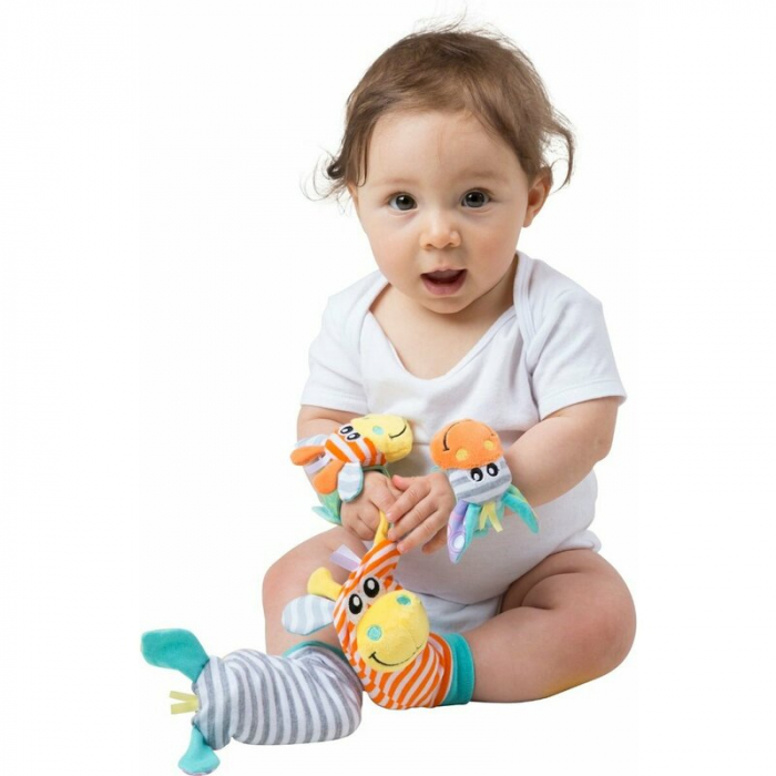Set jucarii zornaitoare, Playgro, Include sosete interactive si 2 bratari, Inchidere cu velcro, Stimuleaza dezvoltarea senzoriala si tactila, 6 luni+, Jungle Wrist Rattle and Foot Finder [2]