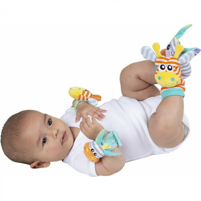 Set jucarii zornaitoare, Playgro, Include sosete interactive si 2 bratari, Inchidere cu velcro, Stimuleaza dezvoltarea senzoriala si tactila, 6 luni+, Jungle Wrist Rattle and Foot Finder [7]