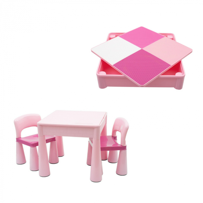 Set masuta si doua scaune pentru copii, Pink, Cu parte detasabila si reversibila, Partea reversibila pentru Lego Duplo, New Baby [1]