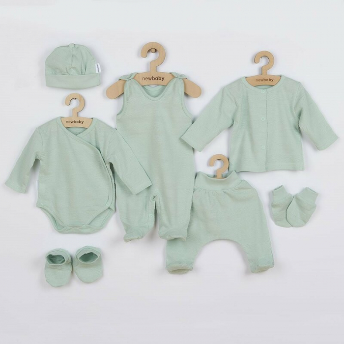 Set pentru bebe, New Baby, I AM, 7 piese, Cu botosei, jacheta maneca lunga, caciulita, body cu maneca lunga, pantalonasi si salopeta cu botosei si manusi, 100% bumbac, Marime 56, 0-3 luni, Mint [1]
