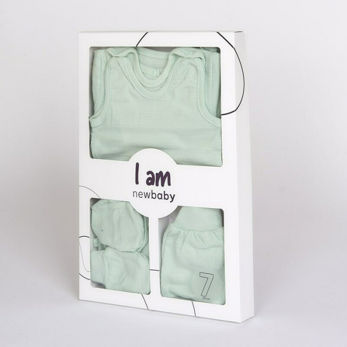 Set pentru bebe, New Baby, I AM, 7 piese, Cu botosei, jacheta maneca lunga, caciulita, body cu maneca lunga, pantalonasi si salopeta cu botosei si manusi, 100% bumbac, Marime 56, 0-3 luni, Mint [2]