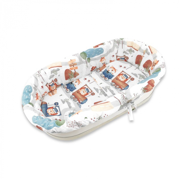 Set pentru landou/cosulet, MimiNu, Cu protectie, saltea si pernuta, Din bumbac certificat Oeko Tex Standard 100, Design, Zoo in train [3]
