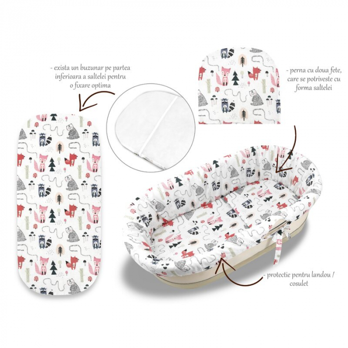 Set pentru landou/cosulet, MimiNu, Cu protectie, saltea si pernuta, Din bumbac certificat Oeko Tex Standard 100, Fox [1]
