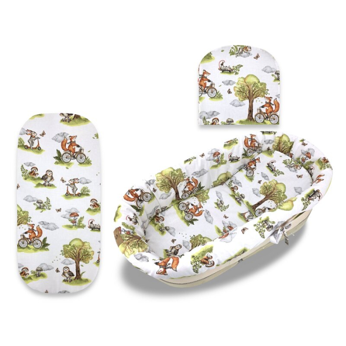 Set pentru landou/cosulet, Qmini, Cu protectie, saltea si pernuta, Din bumbac certificat Oeko Tex Standard 100, Fox on bikes Natural [1]