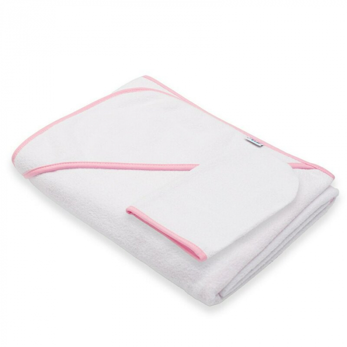 Set prosop cu gluga si manusa baie, New Baby, Dimensiune mare 100 x 100 cm, Basic, White-pink [1]