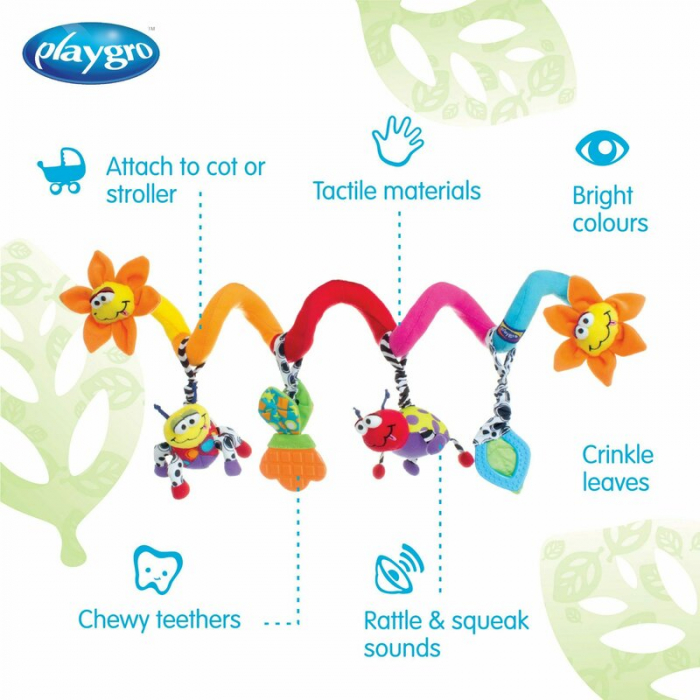 Spirala cu jucarii, Playgro, Multifunctionale pentru carucior, scoica auto si patut, Cu jucarie de dentitie, Amazing Garden Twirly Whirly, 33 cm [4]