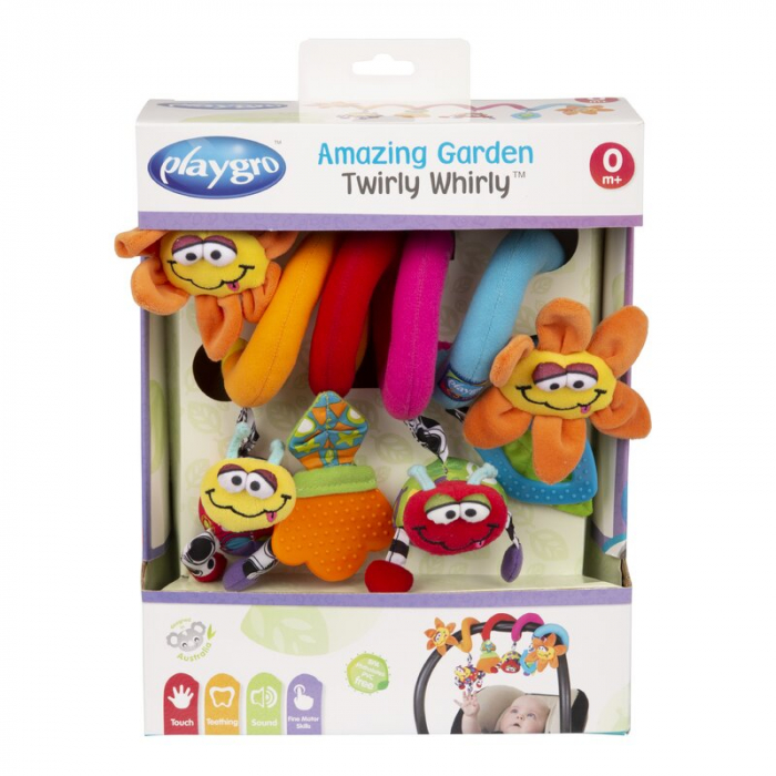 Spirala cu jucarii, Playgro, Multifunctionale pentru carucior, scoica auto si patut, Cu jucarie de dentitie, Amazing Garden Twirly Whirly, 33 cm [10]