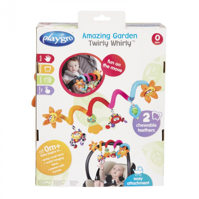 Spirala cu jucarii, Playgro, Multifunctionale pentru carucior, scoica auto si patut, Cu jucarie de dentitie, Amazing Garden Twirly Whirly, 33 cm [9]