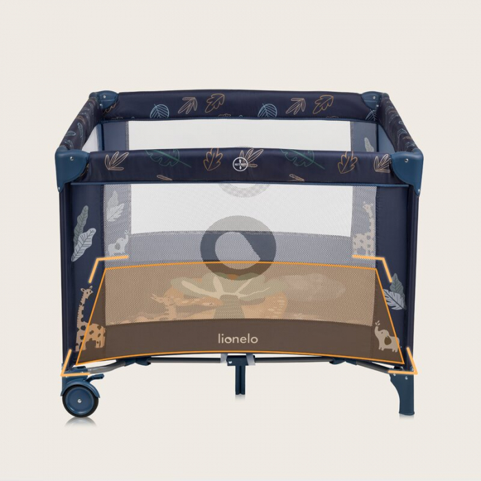 Tarc de joaca copii, Lionelo, Bonnie, Pana la 15 kg, 100 x 100 cm, Pliere compacta, Include geanta de transport, Din plasa, Cu intrare laterala cu fermoar, Cu roti, Cu salteluta din spuma, Conform cu  [16]