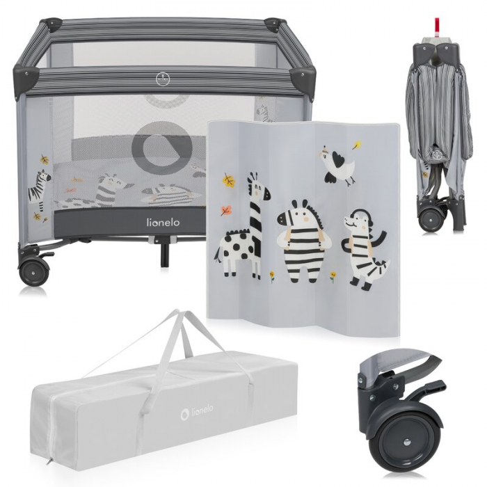 Tarc de joaca copii, Lionelo, Bonnie, Pana la 15 kg, 100 x 100 cm, Pliere compacta, Include geanta de transport, Din plasa, Cu intrare laterala cu fermoar, Cu roti, Cu salteluta din spuma, Conform cu  [14]