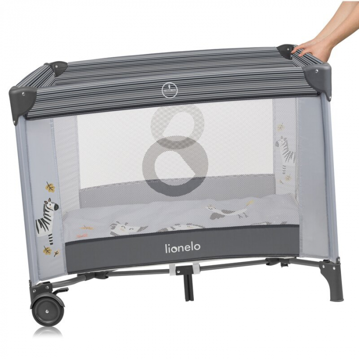 Tarc de joaca copii, Lionelo, Bonnie, Pana la 15 kg, 100 x 100 cm, Pliere compacta, Include geanta de transport, Din plasa, Cu intrare laterala cu fermoar, Cu roti, Cu salteluta din spuma, Conform cu  [4]