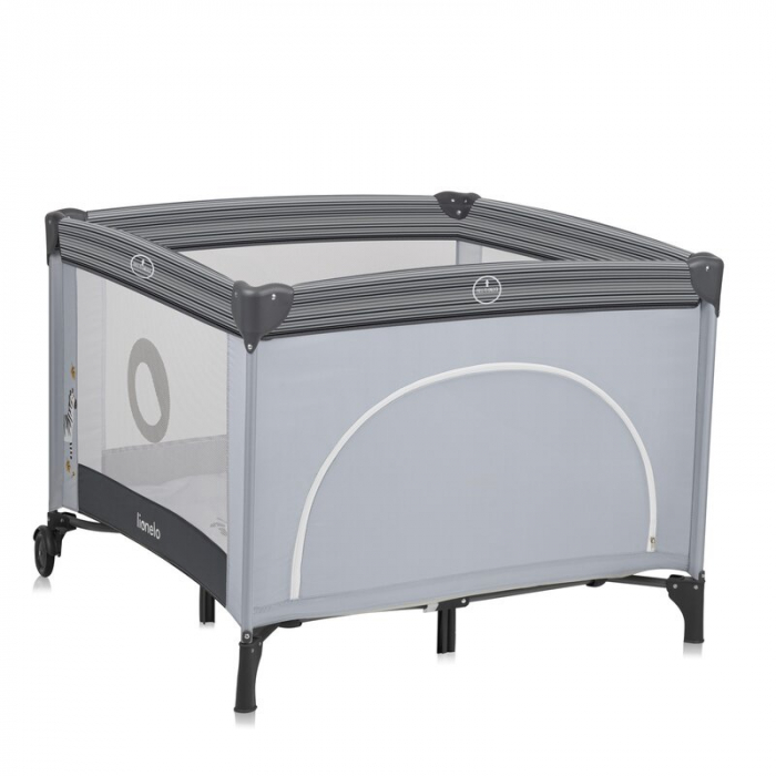 Tarc de joaca copii, Lionelo, Bonnie, Pana la 15 kg, 100 x 100 cm, Pliere compacta, Include geanta de transport, Din plasa, Cu intrare laterala cu fermoar, Cu roti, Cu salteluta din spuma, Conform cu  [6]