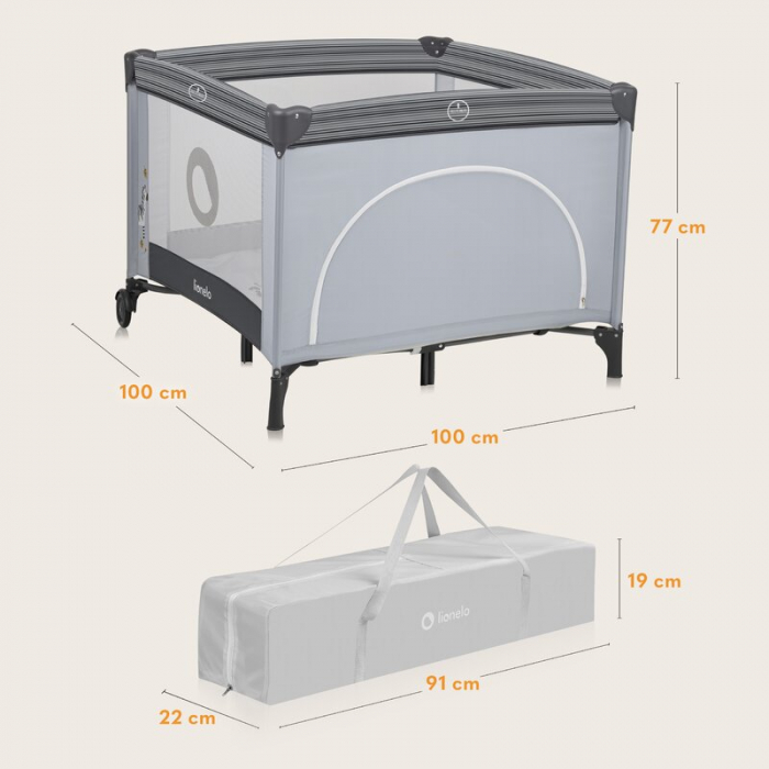 Tarc de joaca copii, Lionelo, Bonnie, Pana la 15 kg, 100 x 100 cm, Pliere compacta, Include geanta de transport, Din plasa, Cu intrare laterala cu fermoar, Cu roti, Cu salteluta din spuma, Conform cu  [13]