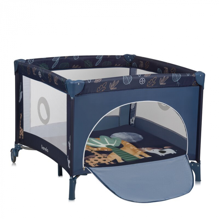 Tarc de joaca copii, Lionelo, Bonnie, Pana la 15 kg, 100 x 100 cm, Pliere compacta, Include geanta de transport, Din plasa, Cu intrare laterala cu fermoar, Cu roti, Cu salteluta din spuma, Conform cu  [1]