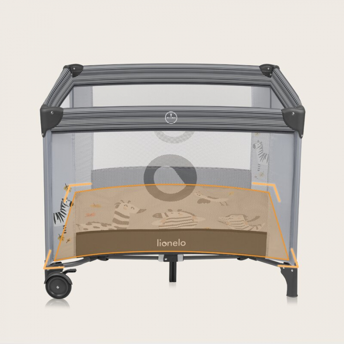 Tarc de joaca copii, Lionelo, Bonnie, Pana la 15 kg, 100 x 100 cm, Pliere compacta, Include geanta de transport, Din plasa, Cu intrare laterala cu fermoar, Cu roti, Cu salteluta din spuma, Conform cu  [15]