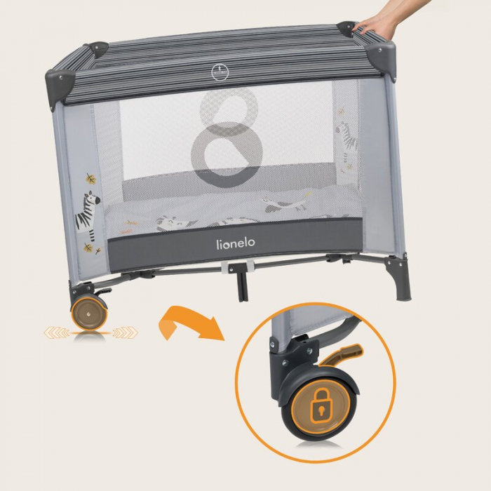 Tarc de joaca copii, Lionelo, Bonnie, Pana la 15 kg, 100 x 100 cm, Pliere compacta, Include geanta de transport, Din plasa, Cu intrare laterala cu fermoar, Cu roti, Cu salteluta din spuma, Conform cu  [17]