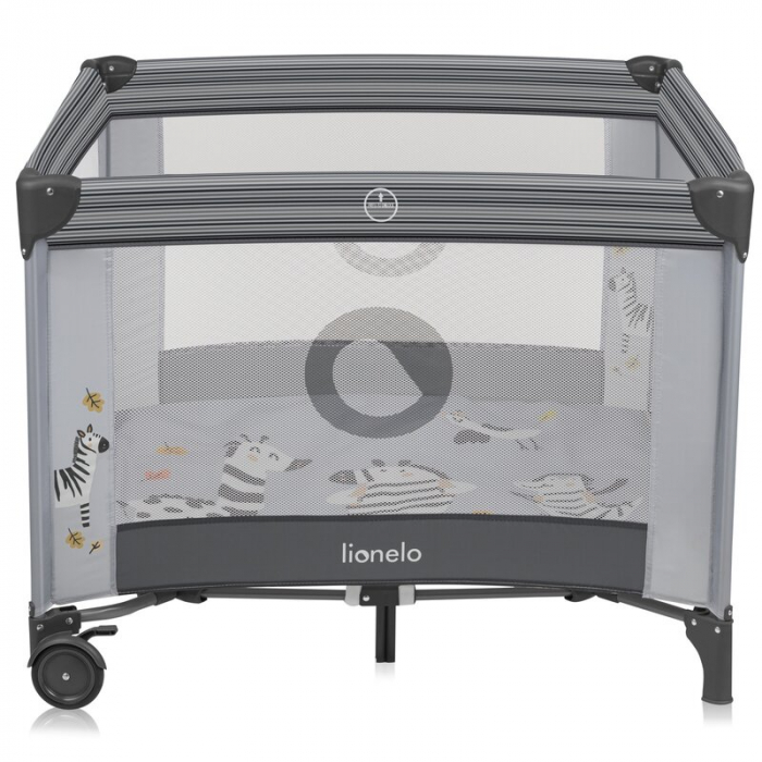 Tarc de joaca copii, Lionelo, Bonnie, Pana la 15 kg, 100 x 100 cm, Pliere compacta, Include geanta de transport, Din plasa, Cu intrare laterala cu fermoar, Cu roti, Cu salteluta din spuma, Conform cu  [2]