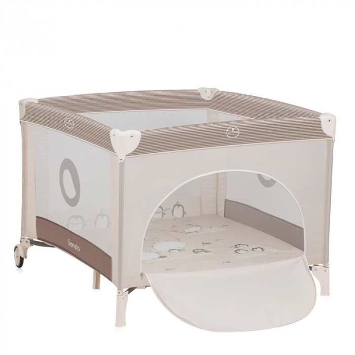 Tarc de joaca copii, Lionelo, Bonnie, Pana la 15 kg, 100 x 100 cm, Pliere compacta, Include geanta de transport, Din plasa, Cu intrare laterala cu fermoar, Cu roti, Cu salteluta din spuma, Conform cu  [1]
