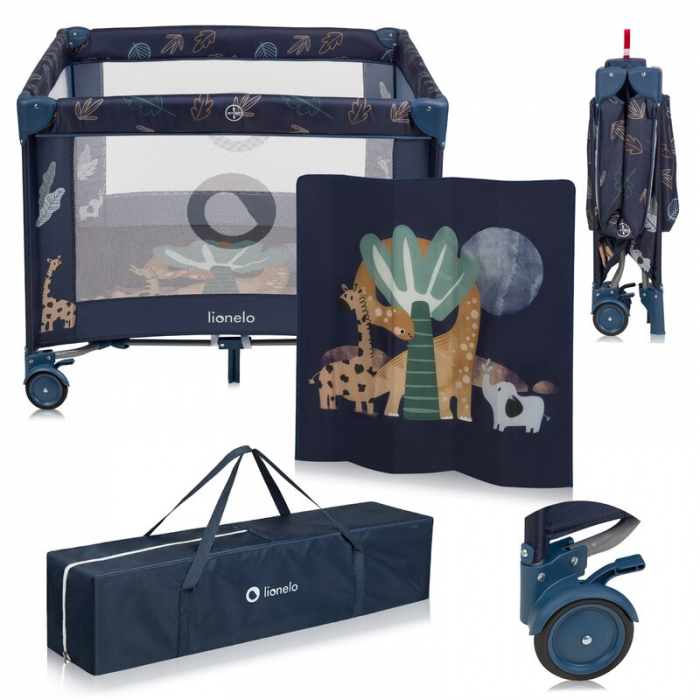 Tarc de joaca copii, Lionelo, Bonnie, Pana la 15 kg, 100 x 100 cm, Pliere compacta, Include geanta de transport, Din plasa, Cu intrare laterala cu fermoar, Cu roti, Cu salteluta din spuma, Conform cu  [15]