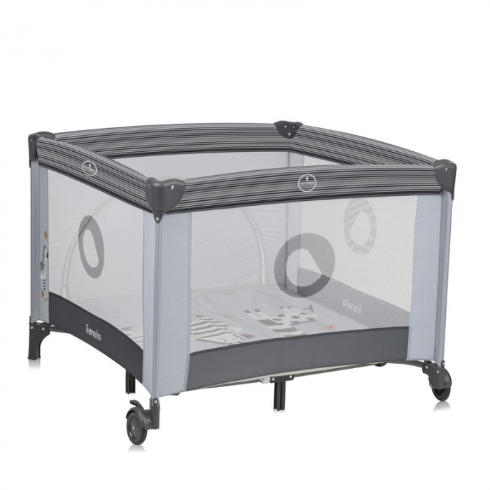 Tarc de joaca copii, Lionelo, Bonnie, Pana la 15 kg, 100 x 100 cm, Pliere compacta, Include geanta de transport, Din plasa, Cu intrare laterala cu fermoar, Cu roti, Cu salteluta din spuma, Conform cu  [5]