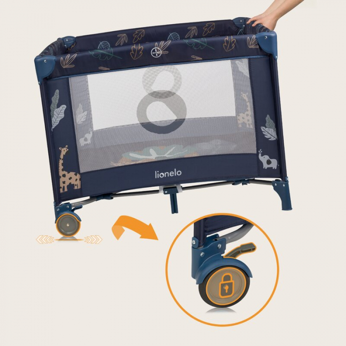 Tarc de joaca copii, Lionelo, Bonnie, Pana la 15 kg, 100 x 100 cm, Pliere compacta, Include geanta de transport, Din plasa, Cu intrare laterala cu fermoar, Cu roti, Cu salteluta din spuma, Conform cu  [18]