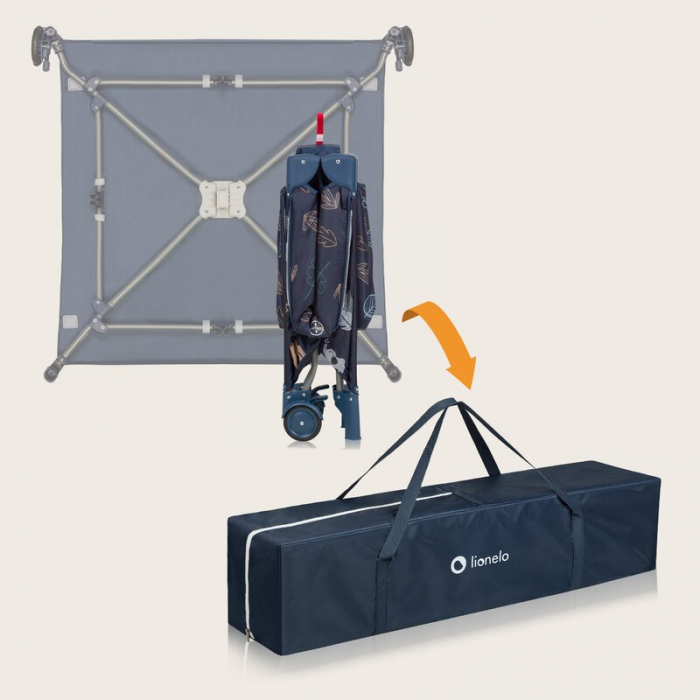 Tarc de joaca copii, Lionelo, Bonnie, Pana la 15 kg, 100 x 100 cm, Pliere compacta, Include geanta de transport, Din plasa, Cu intrare laterala cu fermoar, Cu roti, Cu salteluta din spuma, Conform cu  [21]