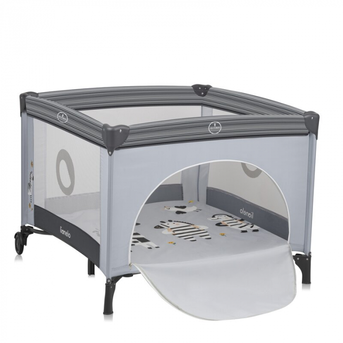 Tarc de joaca copii, Lionelo, Bonnie, Pana la 15 kg, 100 x 100 cm, Pliere compacta, Include geanta de transport, Din plasa, Cu intrare laterala cu fermoar, Cu roti, Cu salteluta din spuma, Conform cu  [1]