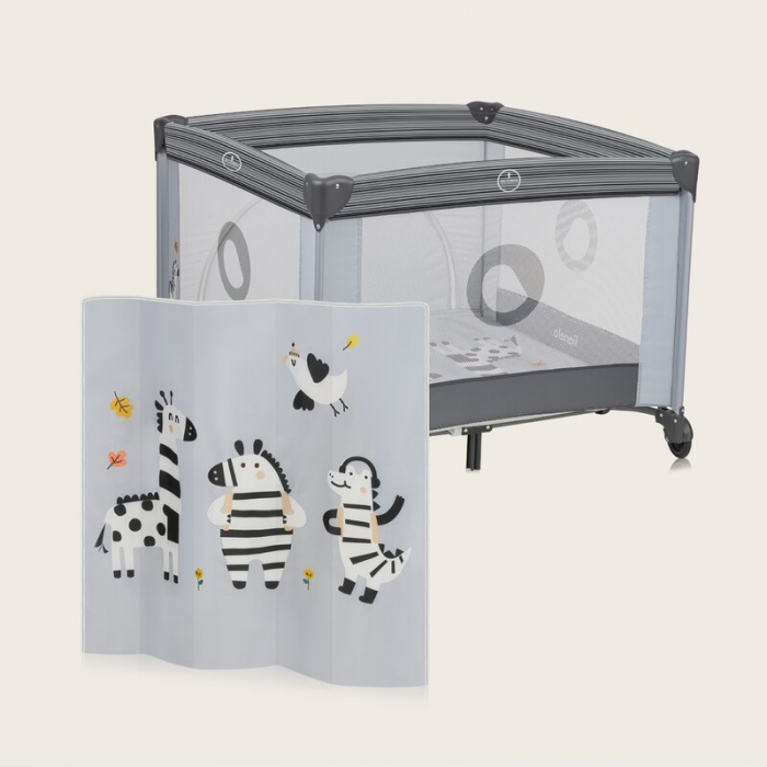 Tarc de joaca copii, Lionelo, Bonnie, Pana la 15 kg, 100 x 100 cm, Pliere compacta, Include geanta de transport, Din plasa, Cu intrare laterala cu fermoar, Cu roti, Cu salteluta din spuma, Conform cu  [16]