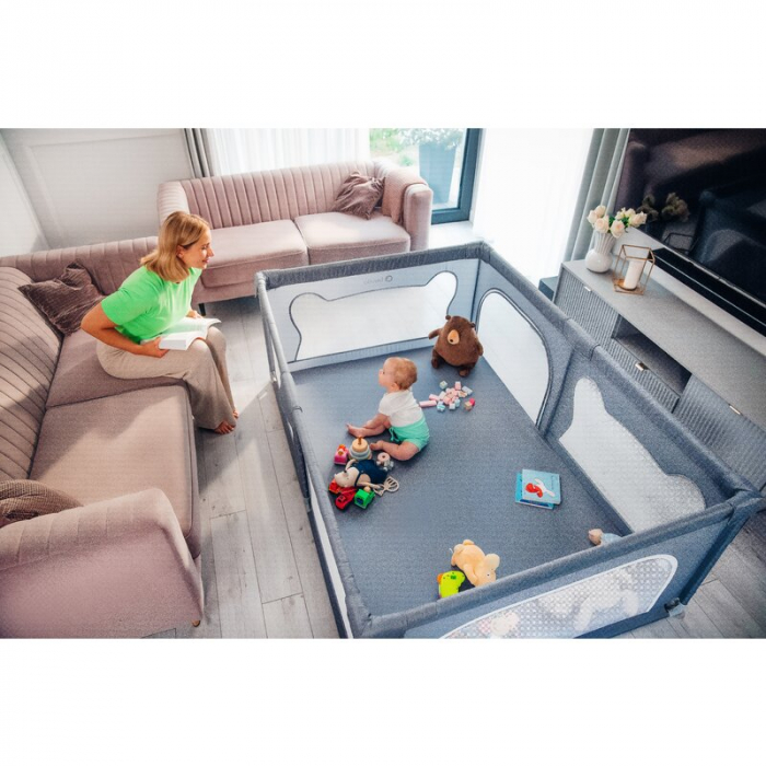 Tarc de joaca copii, Lionelo, Willow, 127 x 187 cm, Pliere compacta, Include geanta de transport, Din plasa, Cu doua intrari laterale si fermoar, Cu ventuze pentru stabilitate, Conform cu EN 12227:201 [24]