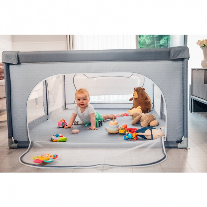 Tarc de joaca copii, Lionelo, Willow, 127 x 187 cm, Pliere compacta, Include geanta de transport, Din plasa, Cu doua intrari laterale si fermoar, Cu ventuze pentru stabilitate, Conform cu EN 12227:201 [29]
