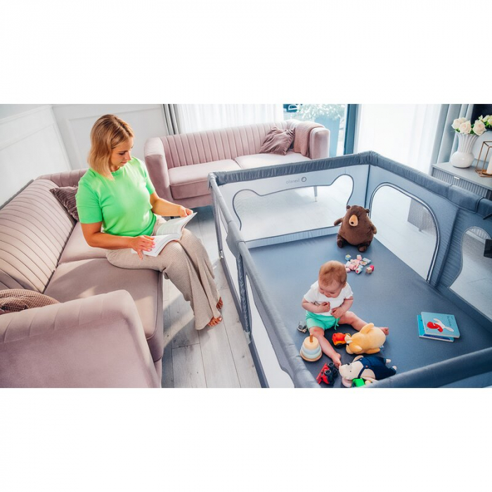 Tarc de joaca copii, Lionelo, Willow, 127 x 187 cm, Pliere compacta, Include geanta de transport, Din plasa, Cu doua intrari laterale si fermoar, Cu ventuze pentru stabilitate, Conform cu EN 12227:201 [25]